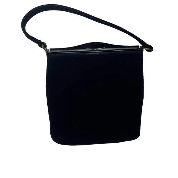 Vintage Block Black Suede Top Handle Shoulder Bag Square Opening Metal Clasp - Picture 7 of 8